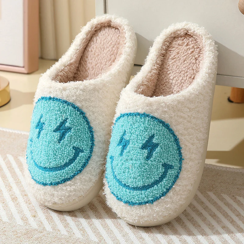 Color: WHITE, Shoe Size: 41 - Leopard Print Winter Slippers Women Lightning Smile Face Fluffy Fur Slippers Woman Indoor Anti-slip Furry Couple Cotton Slides