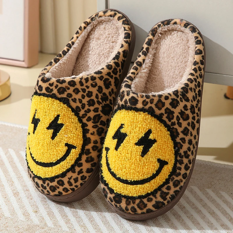 Color: WHITE, Shoe Size: 41 - Leopard Print Winter Slippers Women Lightning Smile Face Fluffy Fur Slippers Woman Indoor Anti-slip Furry Couple Cotton Slides