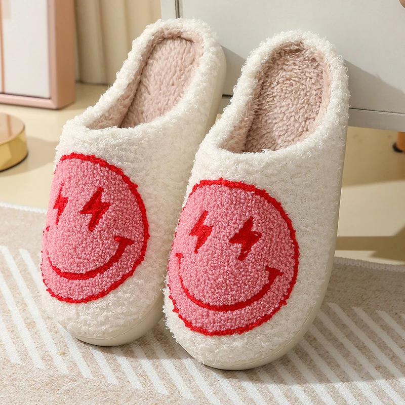 Color: WHITE, Shoe Size: 41 - Leopard Print Winter Slippers Women Lightning Smile Face Fluffy Fur Slippers Woman Indoor Anti-slip Furry Couple Cotton Slides