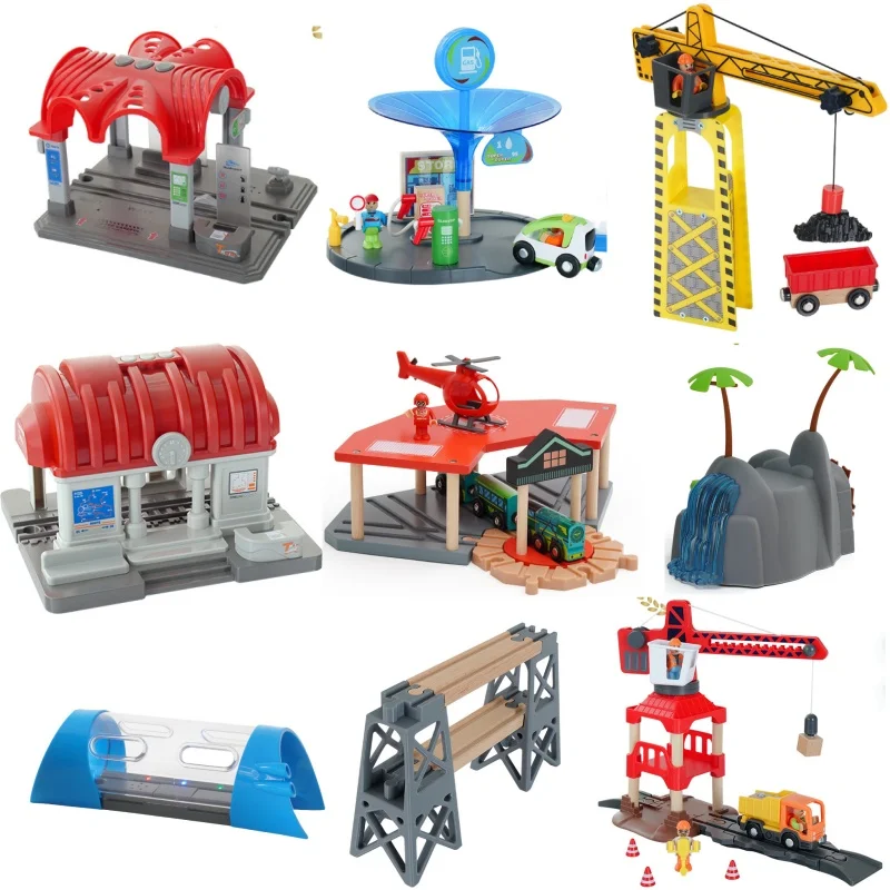 Color: GRAY - Wooden Train Tracks Railway Toys Set Parking lot apron fire station gas station rotary crane Overpass Model for Kids Toys Gifts