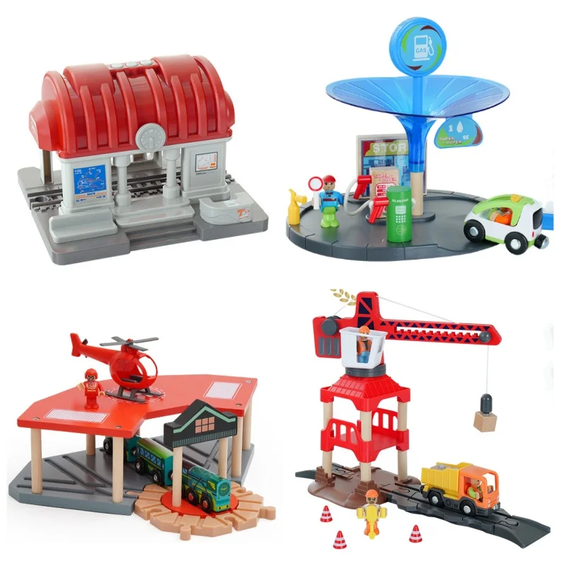 Color: GRAY - Wooden Train Tracks Railway Toys Set Parking lot apron fire station gas station rotary crane Overpass Model for Kids Toys Gifts