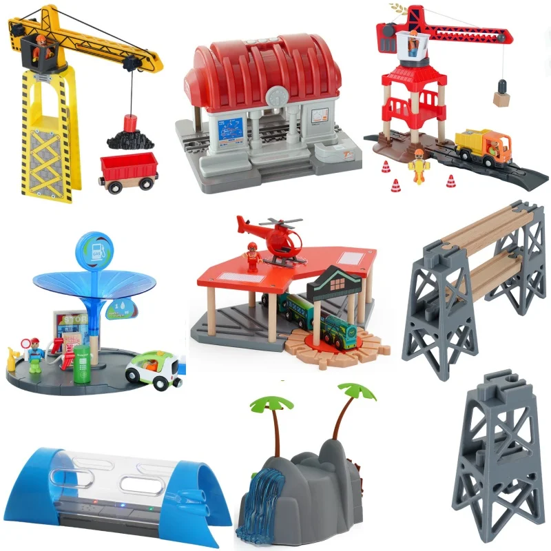 Color: GRAY - Wooden Train Tracks Railway Toys Set Parking lot apron fire station gas station rotary crane Overpass Model for Kids Toys Gifts