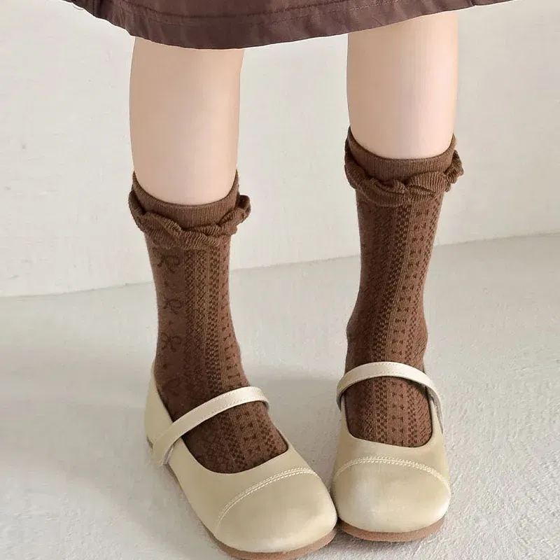 Color: Blue, Size: 2-3T - Girls Ruffle Socks Baby Mid Calf Socks Autumn Children's Socks Retro Maillard Style Cotton Socks