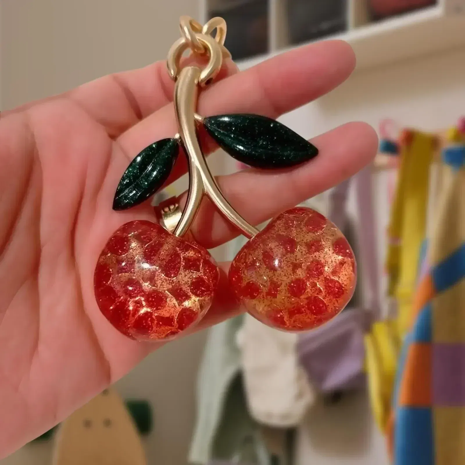 Color: WHITE - Cherry Bag Charm Cherry Keychain Charm Metal Accessory Sparkling Resin For Coach Purses And Bags, Red, Black, Pink