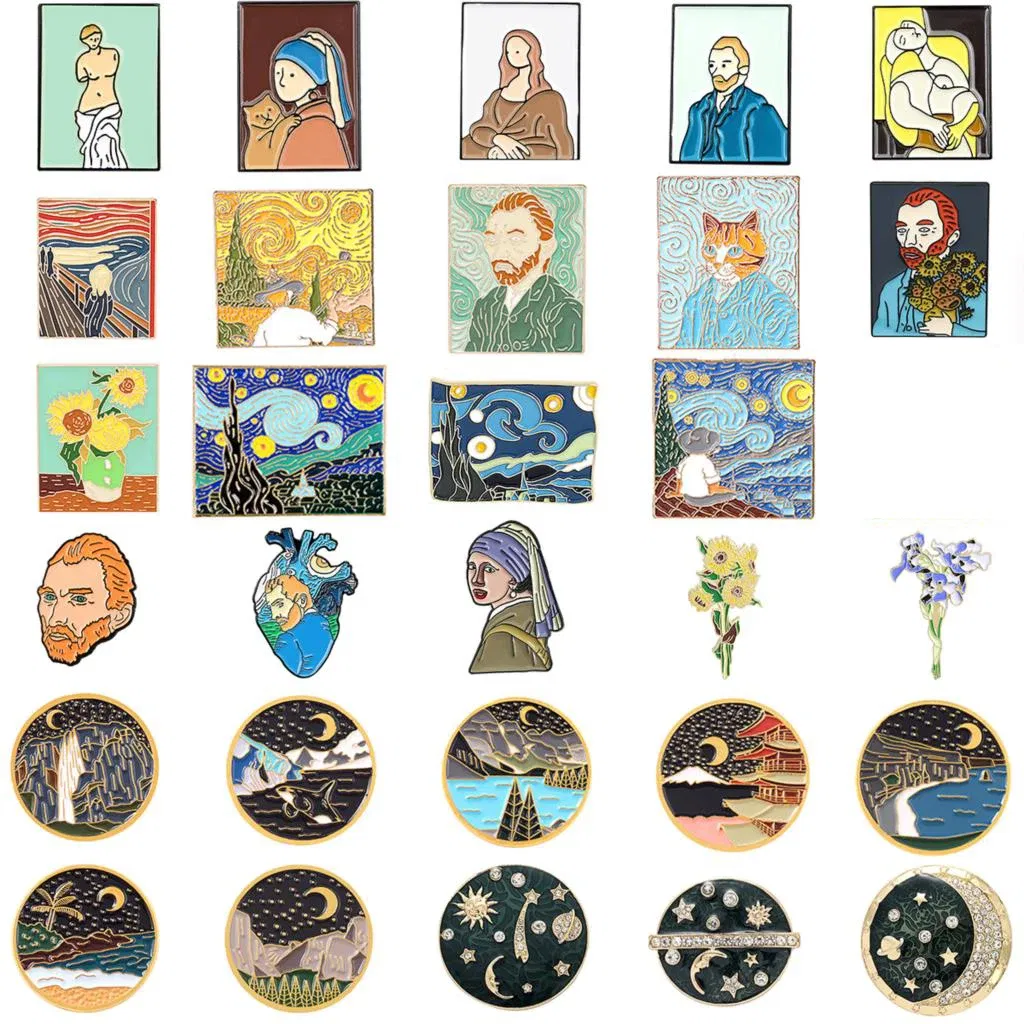 Metal color: Champagne gold - Van Gogh Oil Painting Brooch Van Gogh Brooch Galaxy Brooch Star Moon Sunflower Brooch Art Brooch Van Gogh Lapel Pin