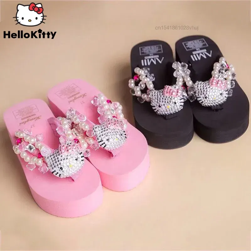 Color: Grape, Shoe Size: 42 - Sanrio Hello Kitty Soft Flip Flop Sandals Y2k Beach Slides Shoes Women Kawaii Casual Wedge High Heels Platform Slippers Ladies