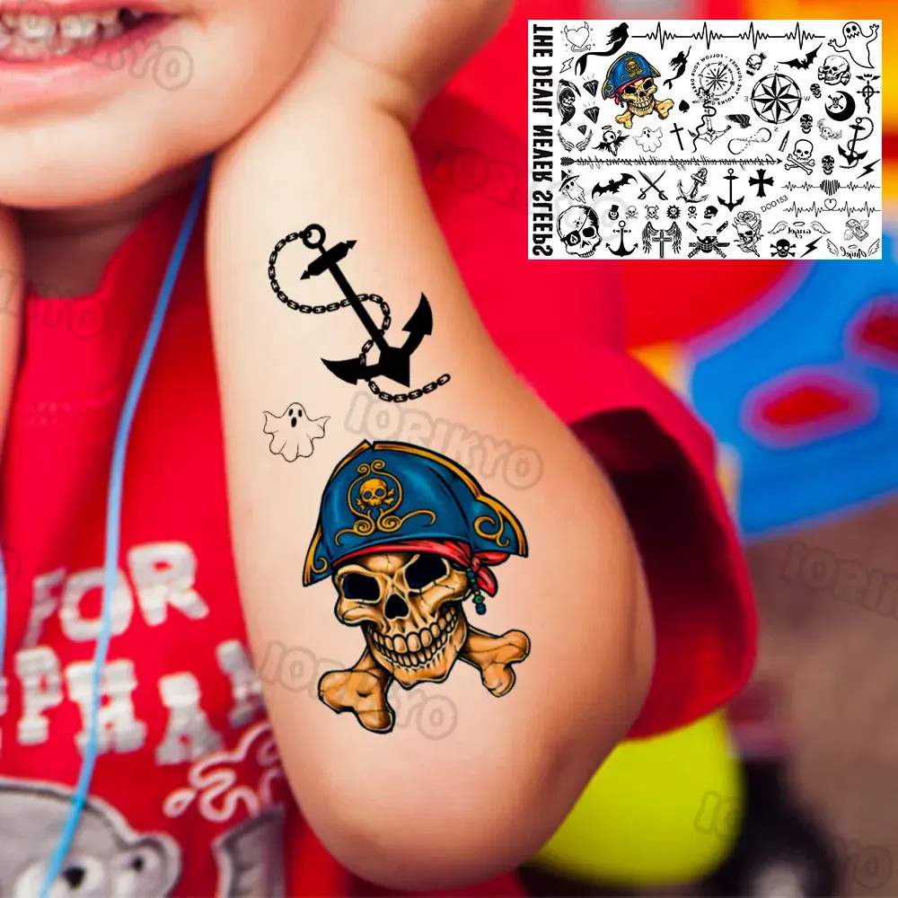 Color: green - Anchor Pirate Temporary Tattoos For Kids Toddler Boy Adult Men Women Black Whale Tattoo Sticker Fake Transfer Small Tatto Face