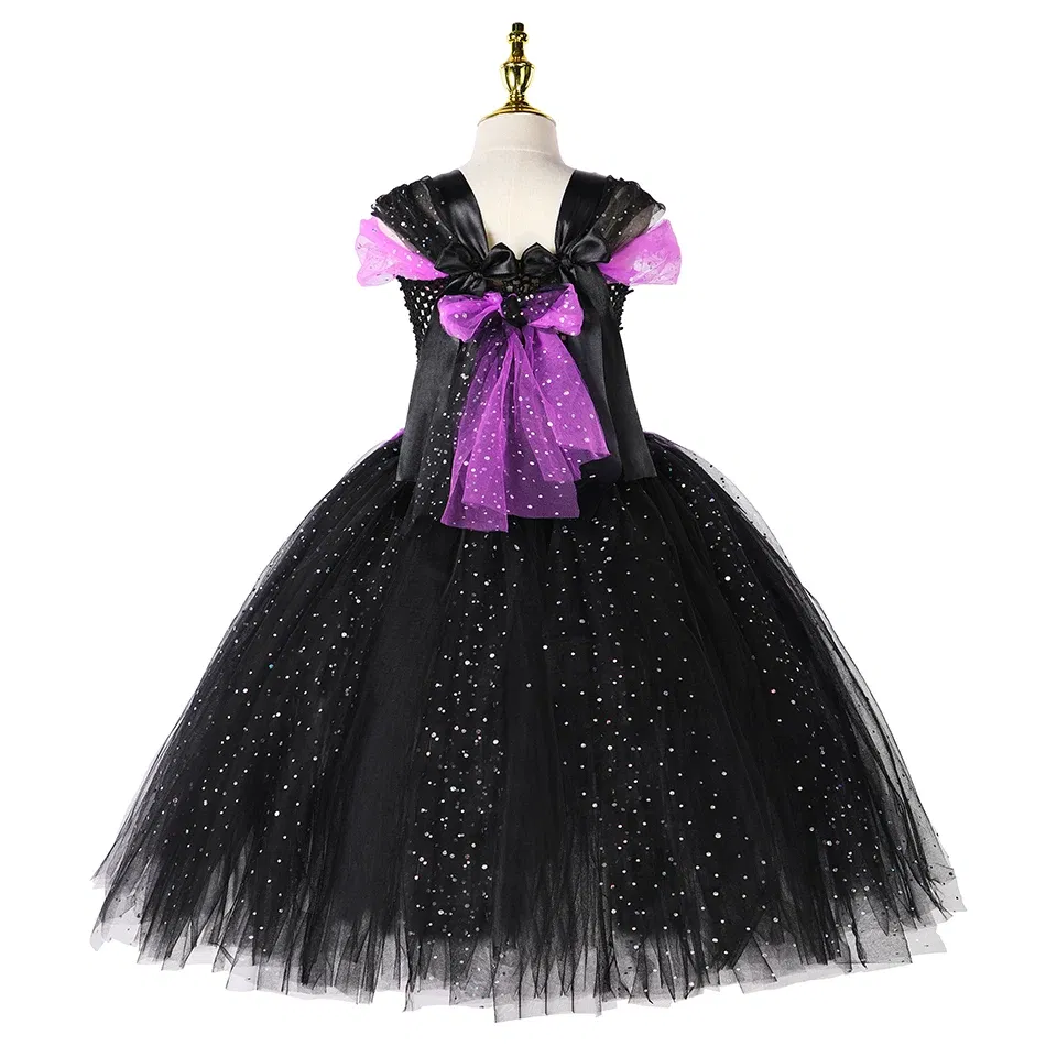 Color: Yellow, Kid Size: 5 - Halloween Witch Tutu Dress for Girls Handmade Mesh Bat Wizard Cosplay Costumes with Hat Broom Toddler Evil Party Clothes Set