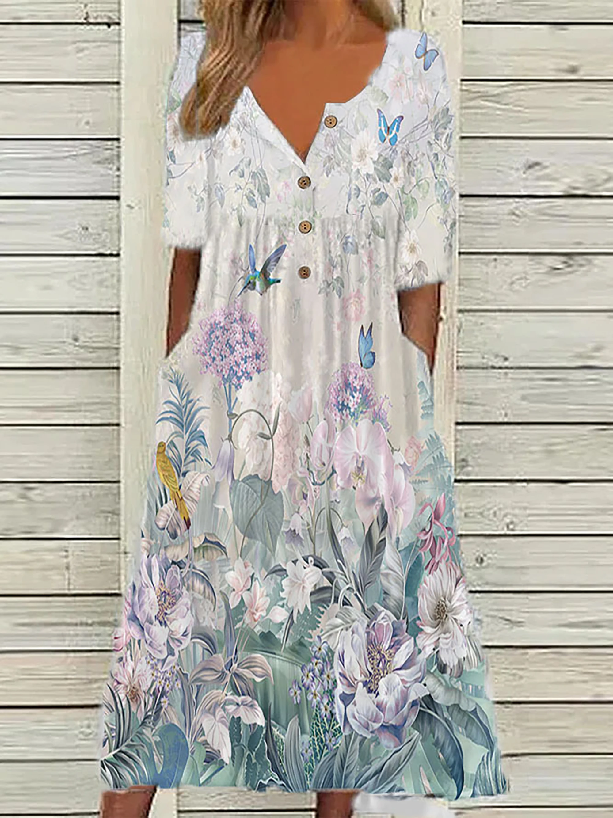 Color: Gold, Size: 3XL - 2024 Europe and the United States spring new fashion printed V-neck button short sleeve plus size women's size women's pocket