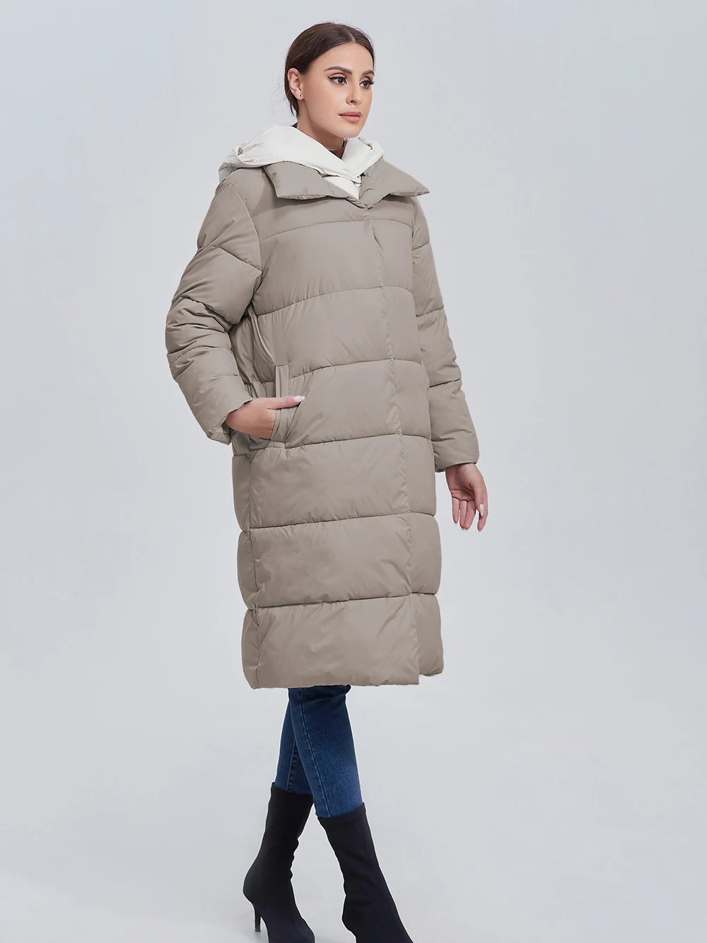 Color: Khaki, Size: XL - Marwin 2023 Winter Elegant Women's Cotton Coat Stylish Collar Long Warm Hooded Jacket Female Windproof Parka