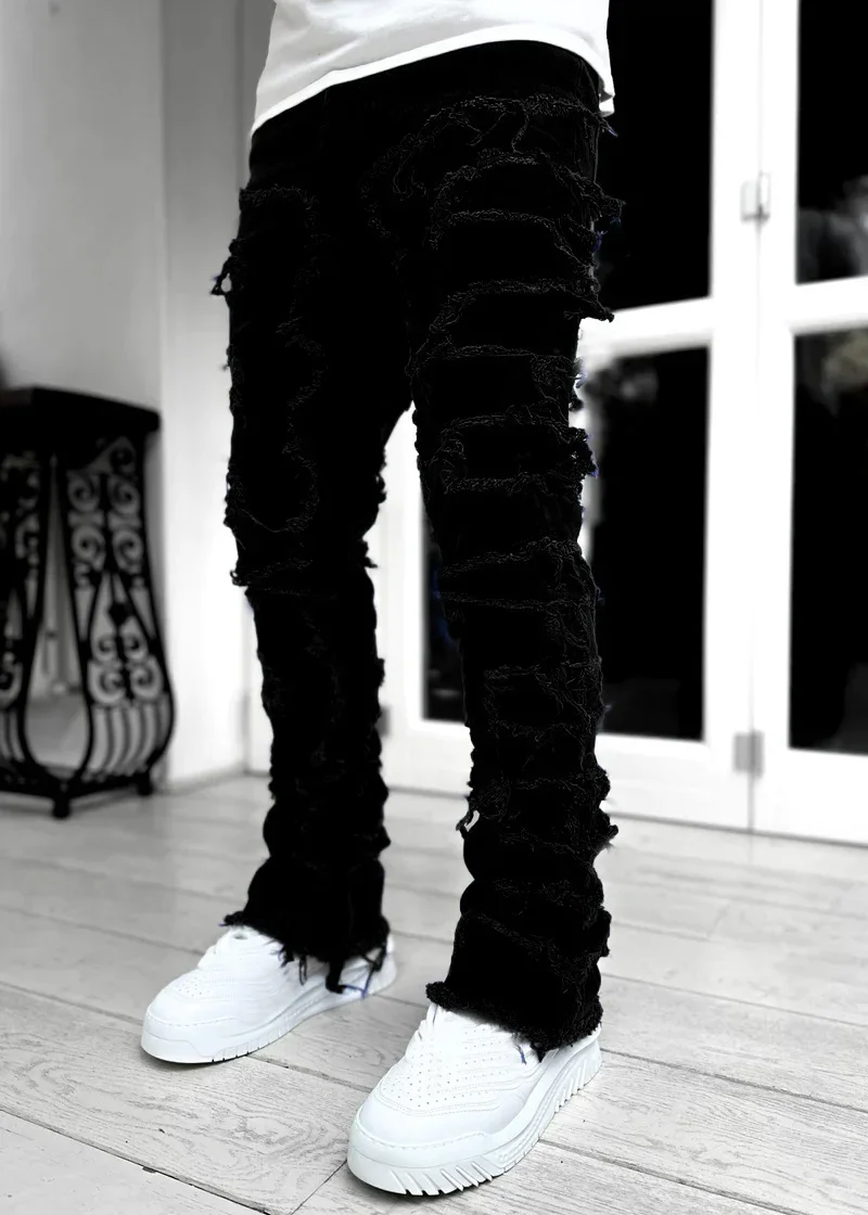 Color: green, Size: L - Men's Regular Fit Stacked Jeans Ripped Slim Fit Patch Distressed Destroyed Straight Denim Pants Hip Hop Streetwear Trouser Cloth