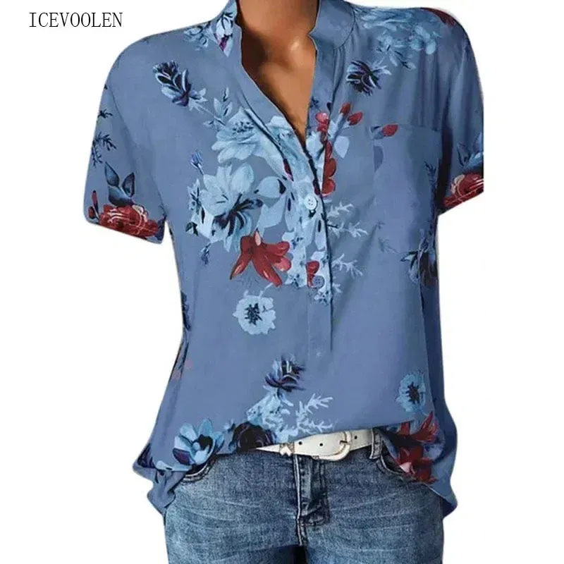 Color: Blue, Size: L - Temperament new women's shirt printing large size casual shirt loose V-neck short-sleeved shirt blouse