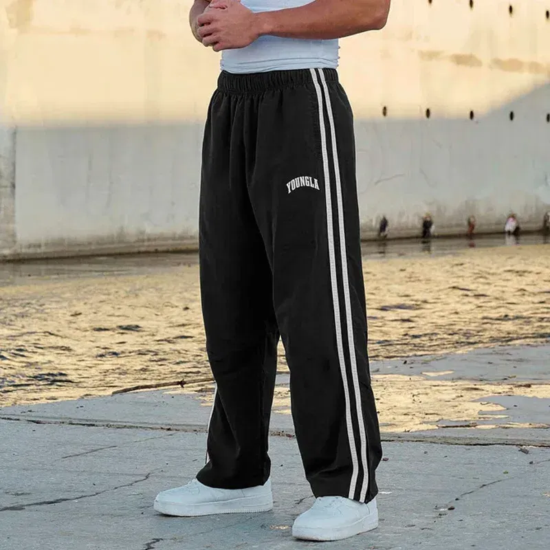 Color: army green, Size: M - Jogger Men's Sweatpants Gym Sports Fitness Splicing Strips Printing Mid Waist Casual Pants Ya Fashion Men Clothing Wide Leg Pan