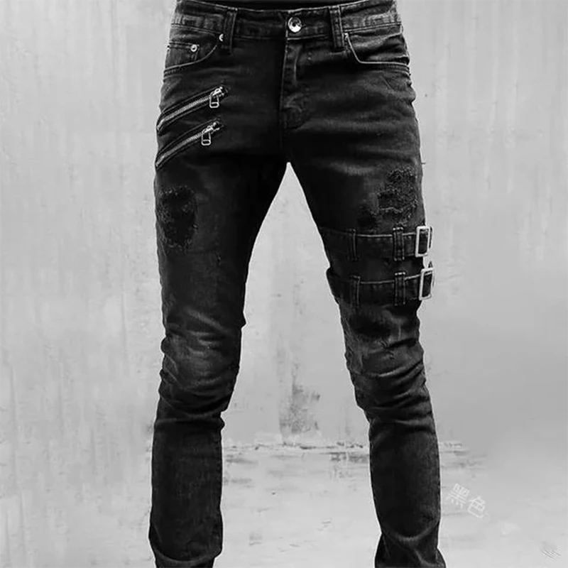 Color: Brown, Size: L, Ships From: CHINA - Men's Punk Hip Hop Black Fashion Jeans Spring summer New Rock Motorcycle Street Wear Tight Casual Denim pants Straight leg pants