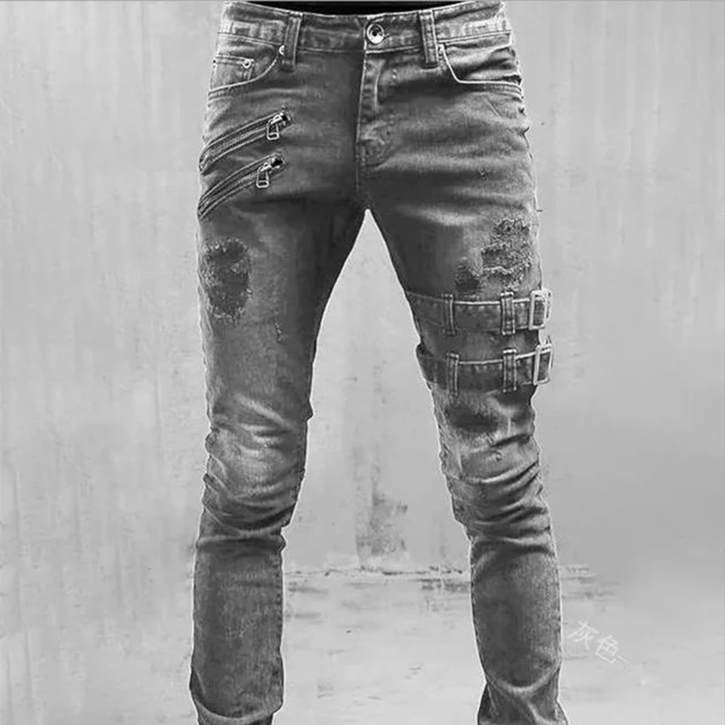 Color: Brown, Size: L, Ships From: CHINA - Men's Punk Hip Hop Black Fashion Jeans Spring summer New Rock Motorcycle Street Wear Tight Casual Denim pants Straight leg pants