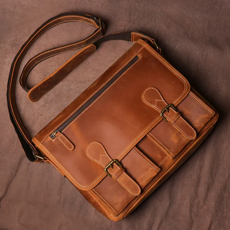 GURO Vintage Crazy Horse Leather Messenger Bag Men's Genuine Luxury Sling Shoulder Bag Office Briefcase Crossbody 12.9 Inch Ipad