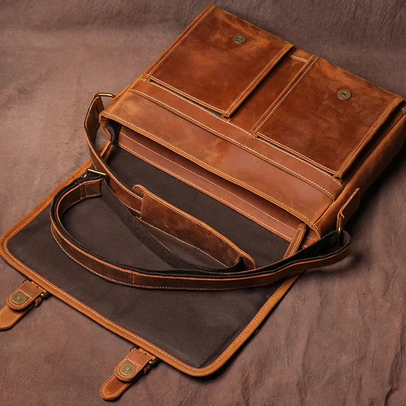 GURO Vintage Crazy Horse Leather Messenger Bag Men's Genuine Luxury Sling Shoulder Bag Office Briefcase Crossbody 12.9 Inch Ipad