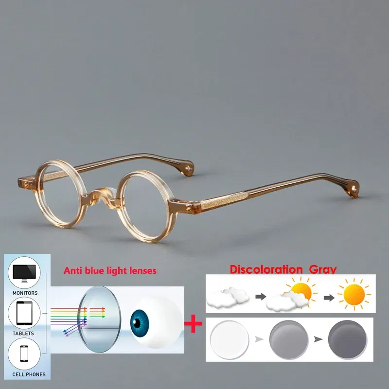 Frame Color: Ginger, Eye Prescription: +125 - VCKA Photochromic Acetate Myopia Glasses Men Retro Small Round Frames Women Custom prescription Anti-Blue  Eyewear -0.5 TO -10