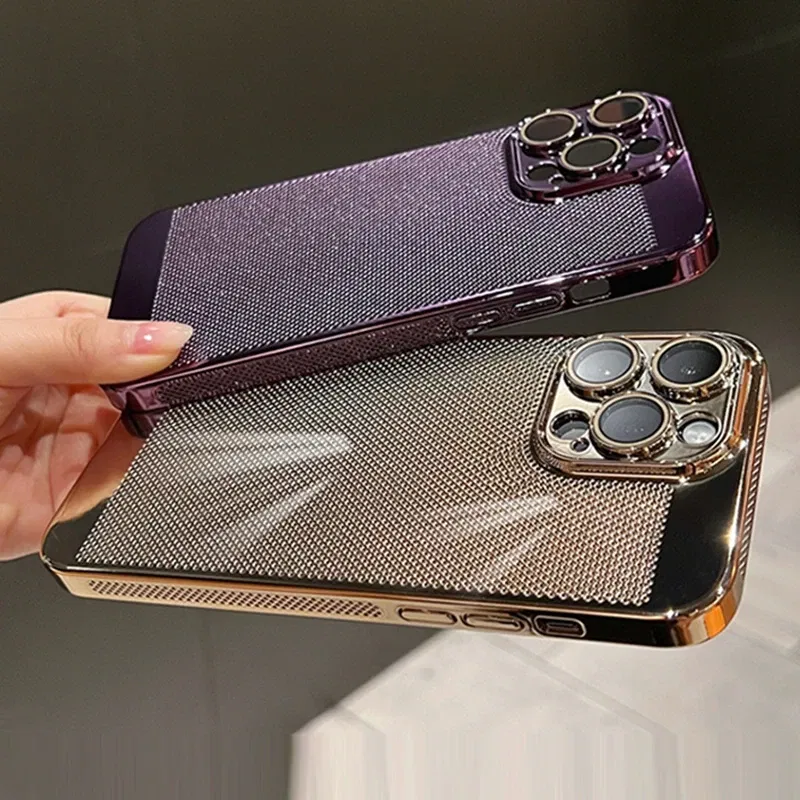 Color: PURPLE, Material: PC - Luxury Plating Hollowed Out Case for iPhone 12 13 Mini 11 14 Pro Max X XR Xs Max 7 8 Plus Heat Dissipation Shockproof Lens Cover