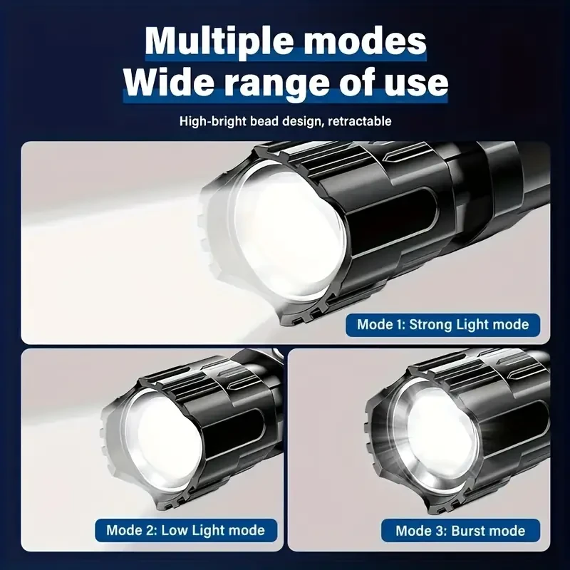 2pcs Rechargeable LED Flashlights, Strong Light Flashlights, ABS Material, Zoomable, 3 Light Modes, Outdoor Handled Flash Lights for Camping, Hiking, Emergency