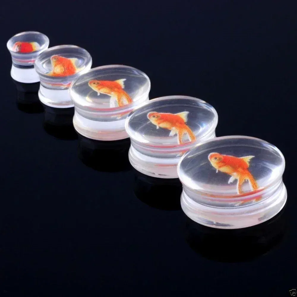 Metal color: Light Yellow Gold Color, Main Stone Color: Blue - 2Pcs Acrylic Liquid Goldfish Ear Plug Double Flared Saddle Flesh Tunnel Gauge Stretcher 8mm-18mm