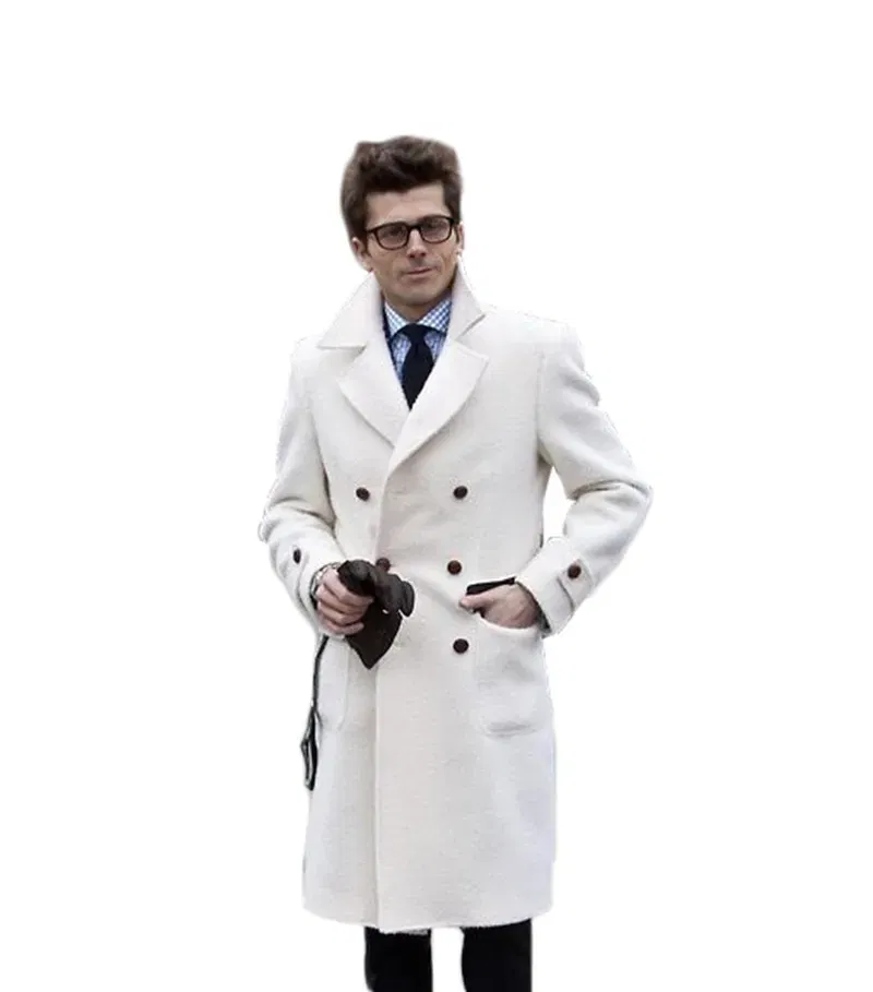 Color: Orange, Size: 50 - Solid White England Style Woolen Overcoat Men's Thick Plus Double-Breasted Long Coat Casual Winter Fashion Warm Jacket