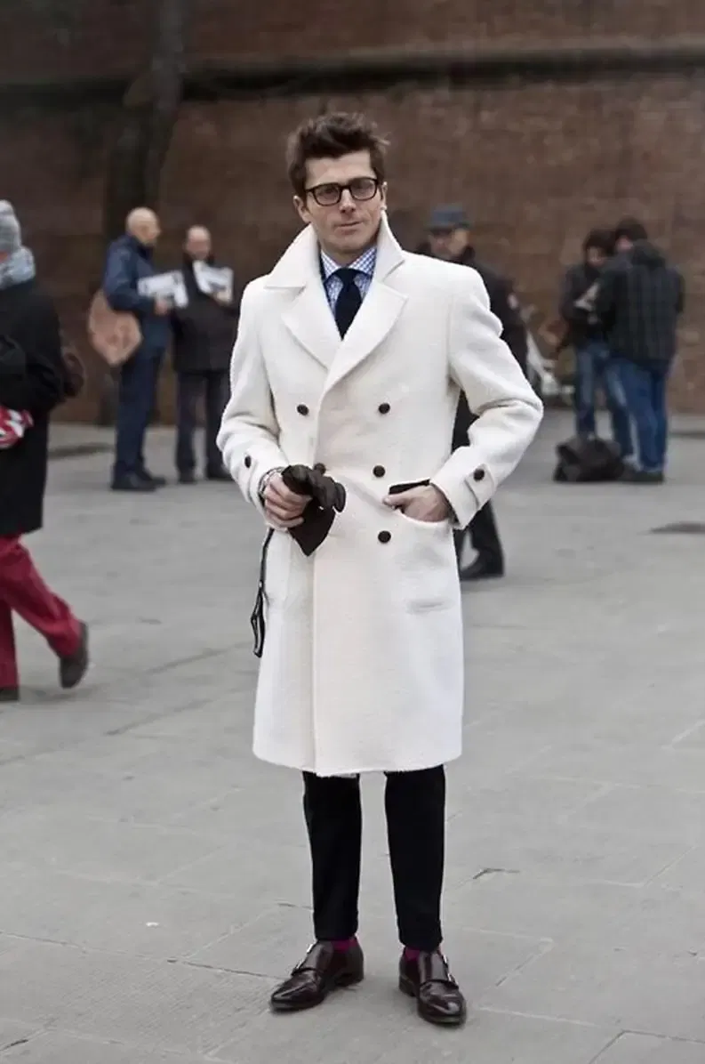 Color: Orange, Size: 50 - Solid White England Style Woolen Overcoat Men's Thick Plus Double-Breasted Long Coat Casual Winter Fashion Warm Jacket