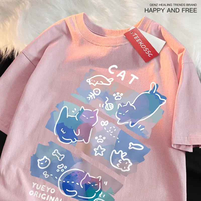 Color: Pink, Size: XXXL - Fun Mischievous Cat Print Japanese Style T-Shirts Men Women Fashion Tshirs Breathable Summer T-Shirts Cotton Loose Tee Clothes