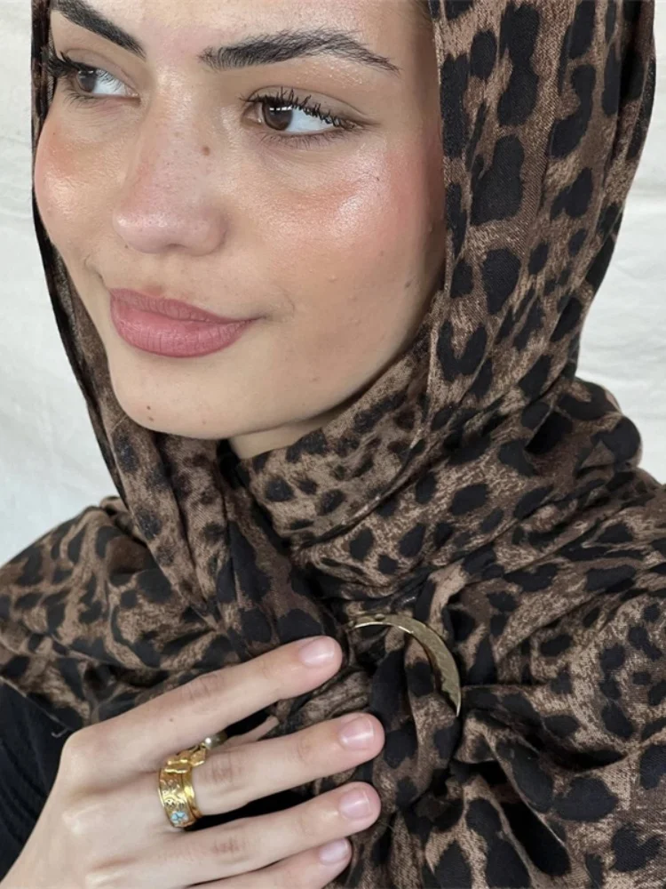Color: dark ginger - 1Pcs Ramadan Hijab Leopard Print Women Bohemian Watercolor Soft Muslim Hijabs Floral Breathable Shawl Wrap Scarf Headscarf Warm