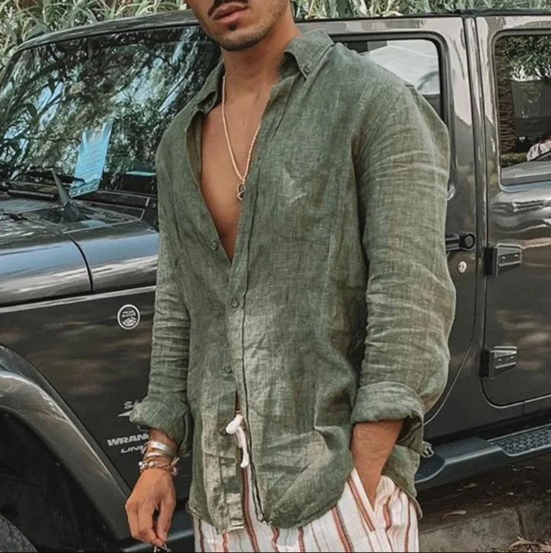 Color: green, Size: XXL, Sale by Pack: Pack of 1 - Men's new men's long sleeve buttoned cotton linen shirt lapel cardigan