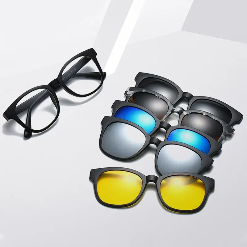 Lenses Color: Brown, Ships From: CHINA, Frame Color: WHITE - 6 In 1 Spectacle Frame Men Women With 5 PCS Clip On Polarized Sunglasses Magnetic Glasses Male Computer Optical 2201
