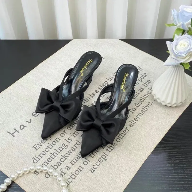 Color: Beige, Shoe Size: 39 - Fairy Style Pink Cool Slippers for Women's Summer 2024 French Pointed Bow Hollow High Heels, Half Wrapped Women's Slippers
