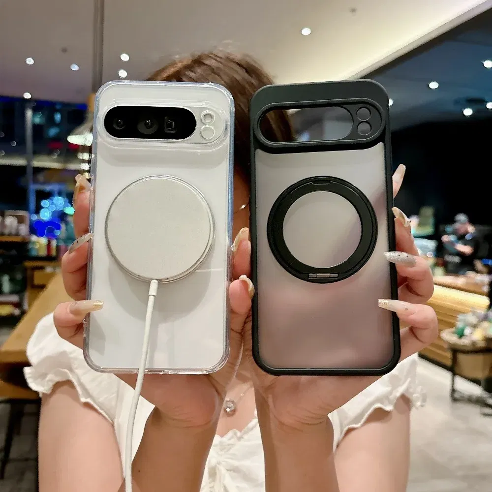 Color: Beige, Compatibility by Model: Google Pixel 10 - for Magsafe Matte Rotating Bracket Case for Google Pixel 10 9 Pro XL 8 7 6 9A 8A 7A 6A Holder Stand Transparent Shockproof Cover