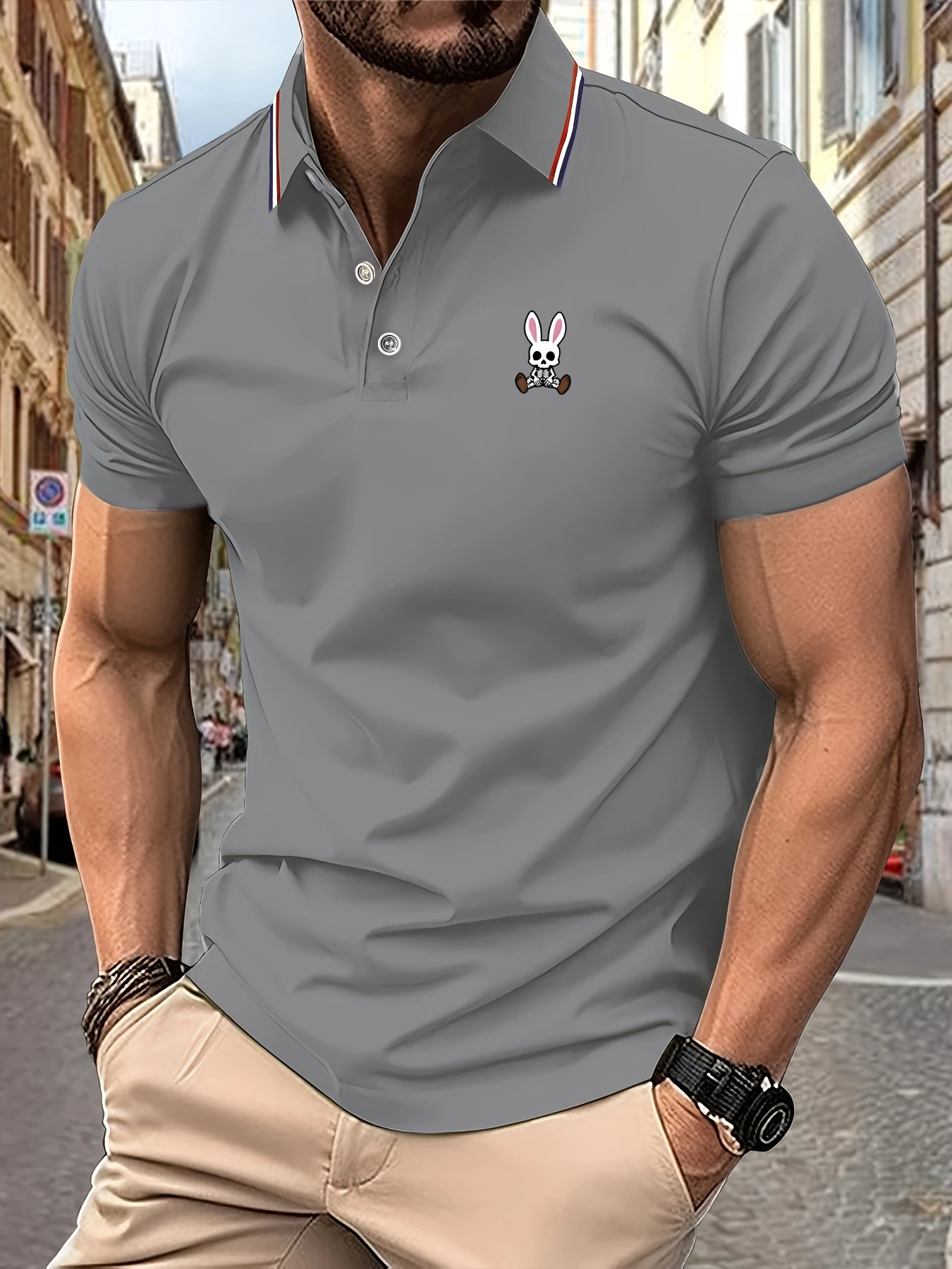 Color: GRAY, Size: XXL - Mens Polo Shirts Skulls Rabbit Print 2025 New Summer Lapel Stripes Men Short Sleeve Casual Breathable Light Luxury T-Shirt