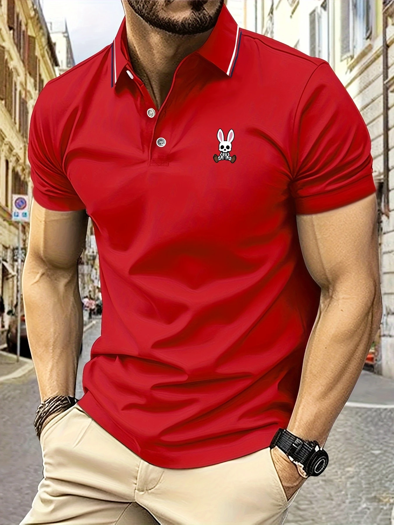 Color: GRAY, Size: XXL - Mens Polo Shirts Skulls Rabbit Print 2025 New Summer Lapel Stripes Men Short Sleeve Casual Breathable Light Luxury T-Shirt