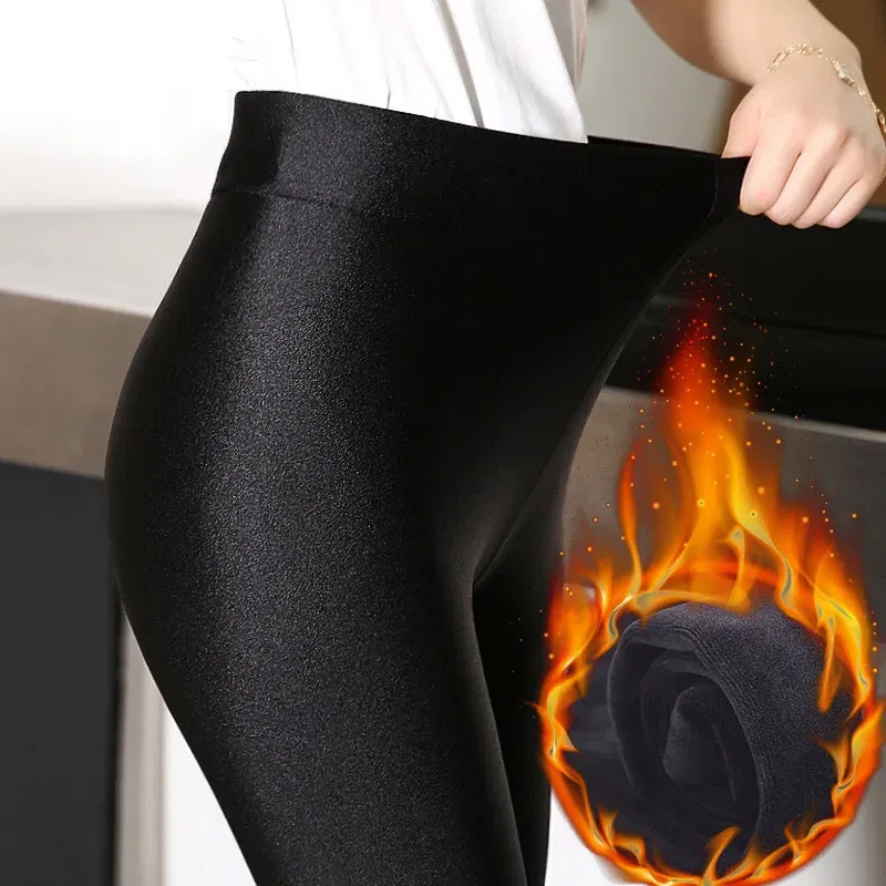 Color: black, Size: XXL - 6XL Large Size Women's Leggings Winter Thermal Tights Thin Fleece High Waist Sexy Slim Elastic Pants Female Luster Leggings