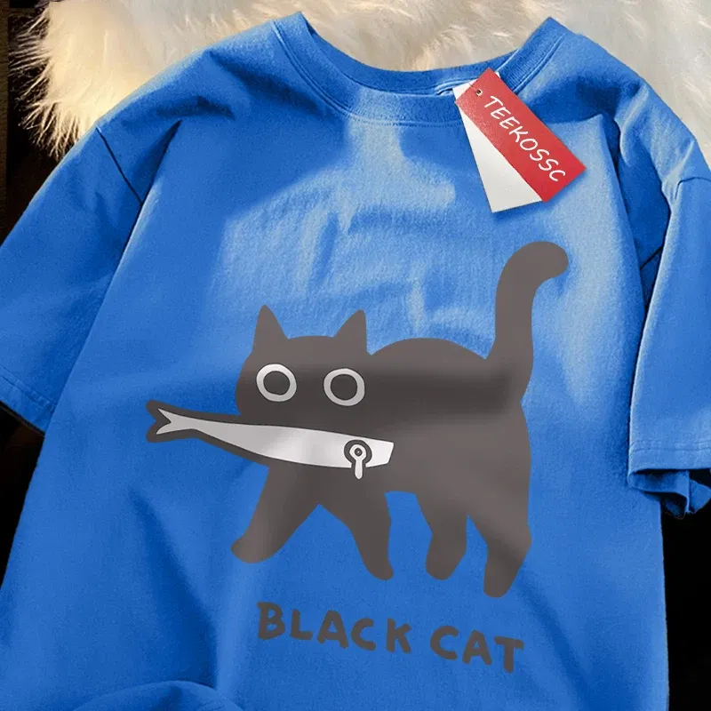 Color: army green, Size: XXL - Fun A Black Cat Eating Fish Japanese Style Men Women T-Shirt Fashion Print T Shirt Breathable Oversize T-Shirts Cotton Clothes