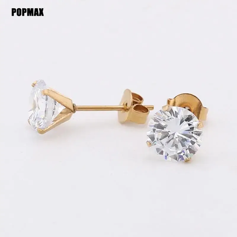 Metal Color: SILVER PLATED, Main Stone Color: WHITE - POPMAX 1Pairs/2Pcs Stainless Steel Crystal Studs Earrings For Women Men 4 Prong Tragus Round Clear Cubic Zirconia Ear Jewelry