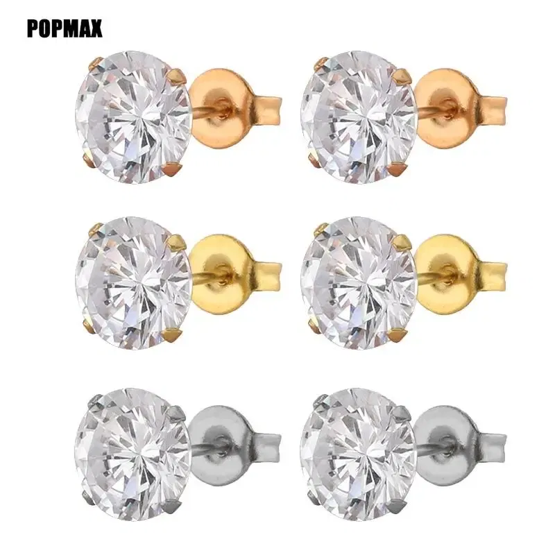 Metal Color: SILVER PLATED, Main Stone Color: WHITE - POPMAX 1Pairs/2Pcs Stainless Steel Crystal Studs Earrings For Women Men 4 Prong Tragus Round Clear Cubic Zirconia Ear Jewelry