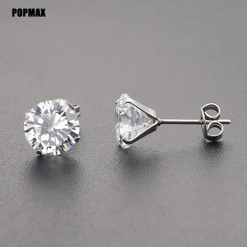 Metal Color: SILVER PLATED, Main Stone Color: WHITE - POPMAX 1Pairs/2Pcs Stainless Steel Crystal Studs Earrings For Women Men 4 Prong Tragus Round Clear Cubic Zirconia Ear Jewelry