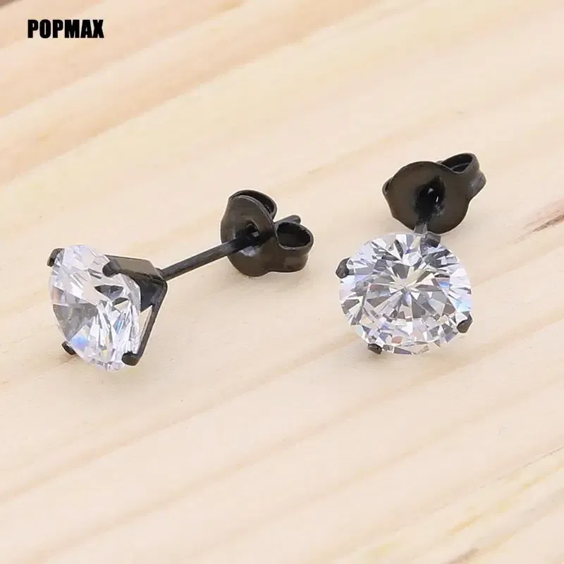 Metal Color: SILVER PLATED, Main Stone Color: WHITE - POPMAX 1Pairs/2Pcs Stainless Steel Crystal Studs Earrings For Women Men 4 Prong Tragus Round Clear Cubic Zirconia Ear Jewelry