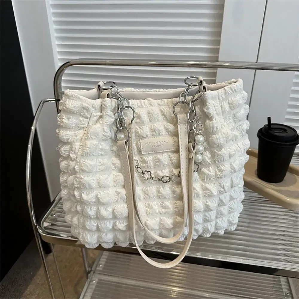 Color: Blue - Large Capacity Ladies Tote Bag Fashion Plaid Women's Beaded Chain Shoulder Bags Soft Fabric Commuter Female Handbags Purse