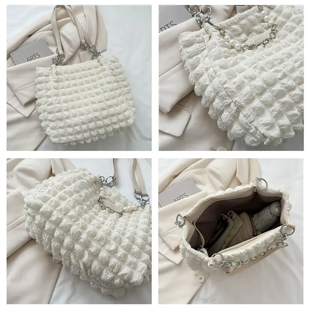 Color: Blue - Large Capacity Ladies Tote Bag Fashion Plaid Women's Beaded Chain Shoulder Bags Soft Fabric Commuter Female Handbags Purse