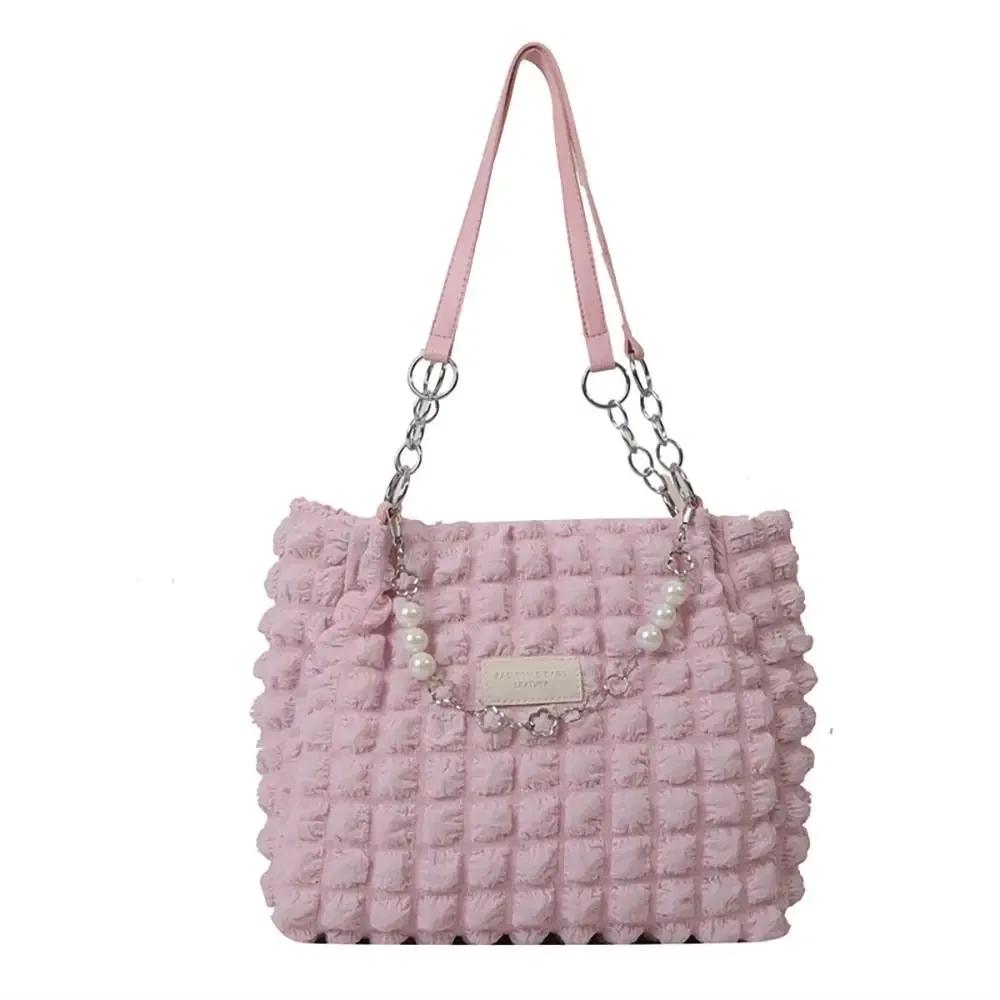 Color: Blue - Large Capacity Ladies Tote Bag Fashion Plaid Women's Beaded Chain Shoulder Bags Soft Fabric Commuter Female Handbags Purse