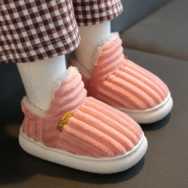 Color: Orange, Shoe Size: 2 - New Winter Concise Stripe Plush Slippers Children's Non-slip Soft Sole Kids Boys Girls Heel Wrap Warm High Home Cotton Shoes