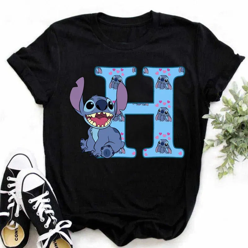 Color: army green, Size: XL - Disney Lilo&Stitch A-Z Alphabet Summer Women's Printed T-Shirt Women's Casual Tops T-Shirt Fashion Cartoon Plus Size T-Shirt
