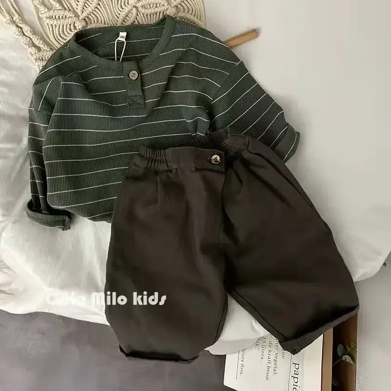 Color: Beige, Kid Size: 5 - Korean Children's Striped T-shirt 2024 Spring Boys and Girls' Long Sleeve T-shirt Bottom Shirt Baby Loose Top