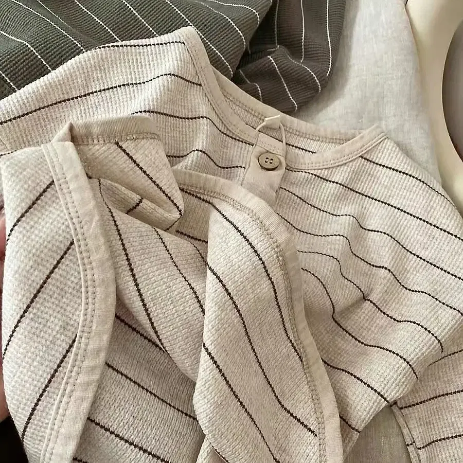 Color: Beige, Kid Size: 5 - Korean Children's Striped T-shirt 2024 Spring Boys and Girls' Long Sleeve T-shirt Bottom Shirt Baby Loose Top