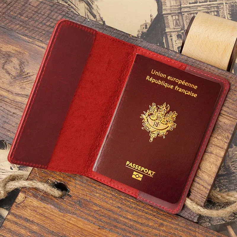 Color: Red - Francais Passport Cover Genuine Leather with Original French Logo | 100% Real Leather Travel Document Holder for Men Women Gift