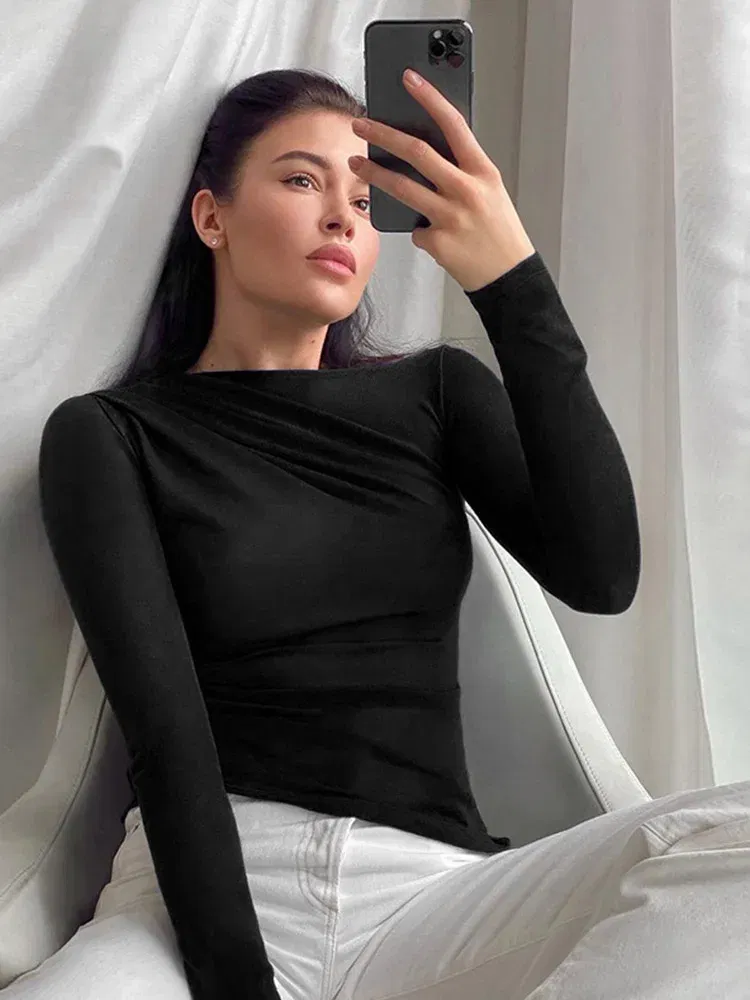 Color: black, Size: L - Long Sleeve Top White T-Shirts Women Basic Crop Top Autumn Pollover Solid Skew Neck T Shirt Streetwear Basic Black Y2K Tees